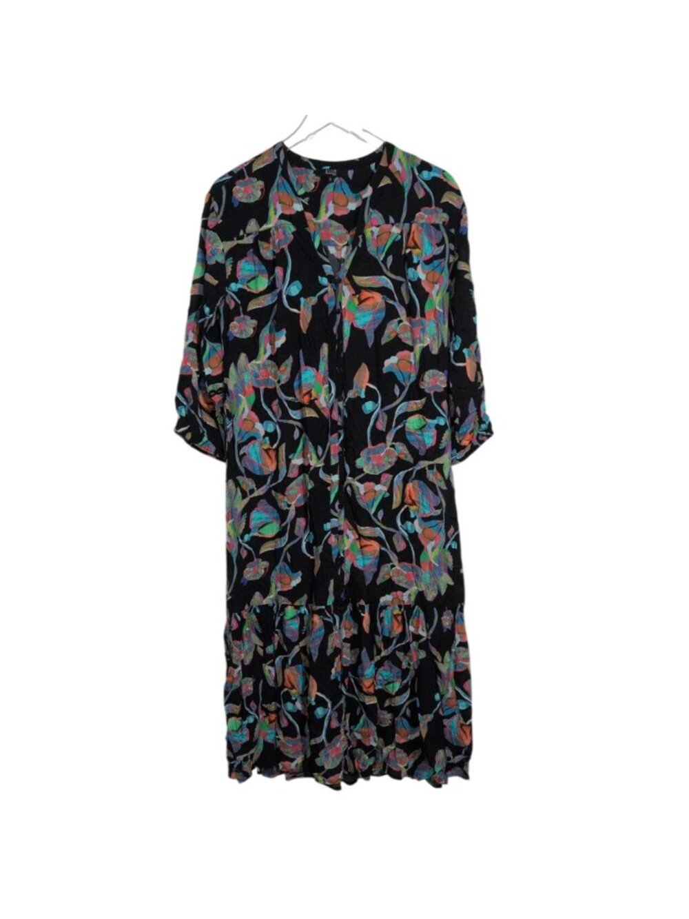 Lior Paris Floral Midi Shirt Dress Womens Size Small Black Boho Romantic Cottage